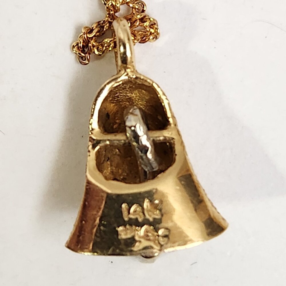 [SOLD] 1980's 14k Textured Gold Moveable Bell w/ Real Diamond Pendant Necklace - Picture 10 of 15